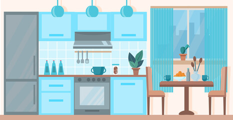 Modern cozy kitchen interior with dining area. Kitchen interior with stove, cupboard, table with chairs, dishes and fridge. Vector graphic design template. Flat style. Interior in blue tones.