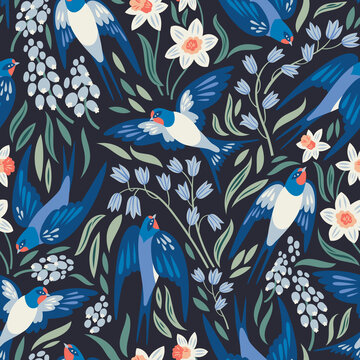 Vector seamless pattern with flying swallows and spring flowers: narcissuses, hyacinths and muscari
