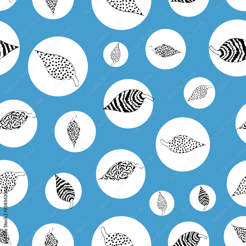Poster blue leafs in polkadot repeat pattern print background