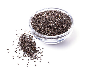 Obraz na płótnie Canvas dark Chia seeds in a glass container isolated on a white background