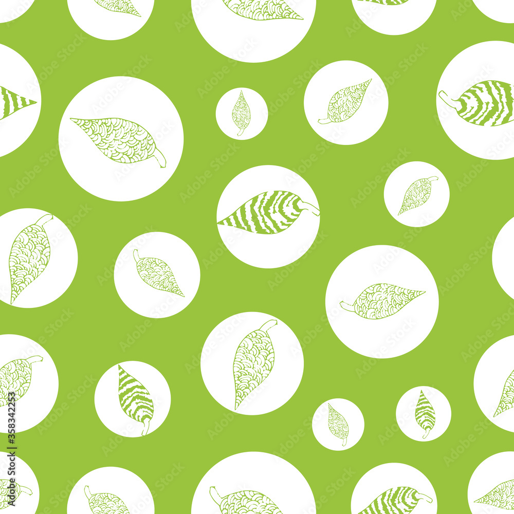 Poster hand draw green leafs repeat pattern print background design