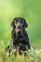 Black labrador retriever dog portrait in summer meadow