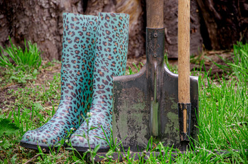 Garden tools and gardening shoes stand in the garden