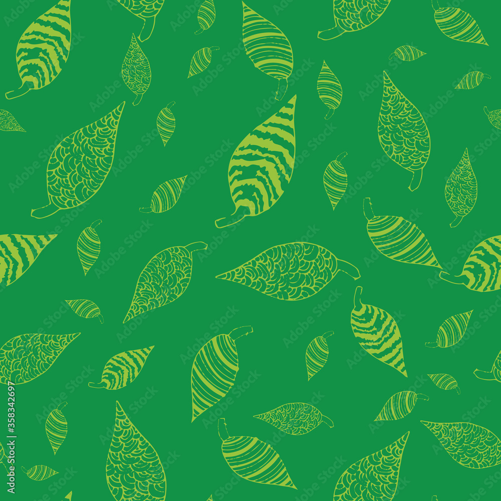 Poster hand draw green leafs repeat pattern print background design