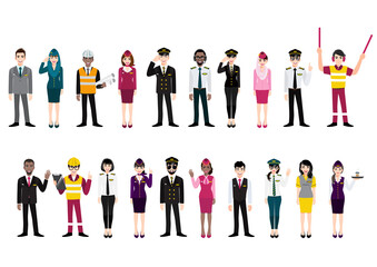 Cartoon character with airport crew action half body banner, professional airline team in uniform, flat icon design vector illustration