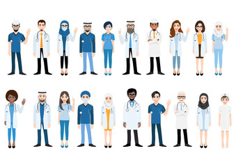 Cartoon character with medical team and staff , flat icon design vector illustration