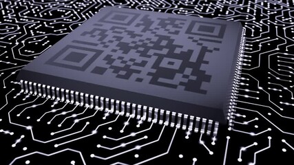 Fake QR code and electrical data moves across the circuit board to the processor. Sim card integrated to microchip. Mobile technology concept with cell phone plan for cellular operators. - Powered by Adobe