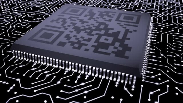 Fake QR code and electrical data moves across the circuit board to the processor. Sim card integrated to microchip. Mobile technology concept with cell phone plan for cellular operators.