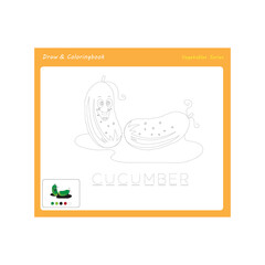 Simple educational draw and coloring game for kids. Illustration of funny Cucumber. 