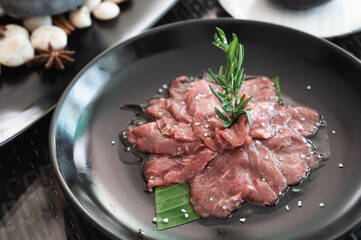 Sliced juicy raw lamb meat, cooking ingredient. preparing for grill