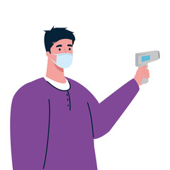 covid 19 coronavirus, man holding infrared thermometer to measure body temperature vector illustration design