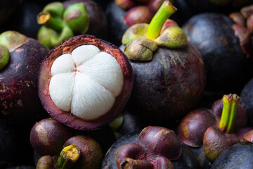 Fresh ripe mangosteen. Queen of fruit in Thailand. Showing the thick purple skin and white flesh