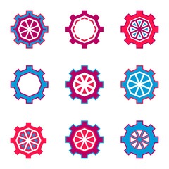 Vector illustration of mechanisms. Gear icons. Mechanical background. Toothed silhouettes of gears. Watches, mechanisms, devices, tools, technologies, wheels. Abstract creative gears and cogs
