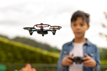 Close up of child flying drone in the park