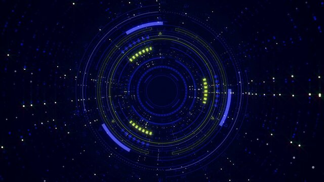 Circle HUD elements.Technological element.Cosmic Sci Fi abstract animation.Rotating shining circles.Blue,yellow.