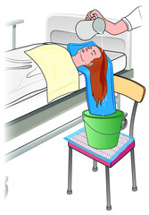 Lavado de cabeza a paciente en cama - enfermería - obrazy, fototapety, plakaty