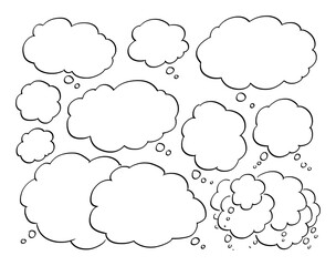 Hand drawn vector of set of empty comic speech, dialogue or text bubbles or balloons. Communication concept.