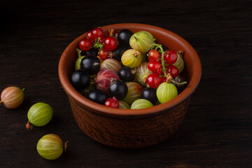 Berries of currant and gooseberry in a ceramic bowl on a dark background.