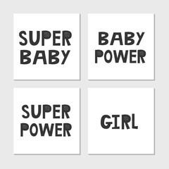 Collection of superhero black and white hand drawn lettering. Vector illustration set.