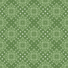 Retro vintage Chinese traditional pattern seamless background green curve cross botanic garden flower dot line
