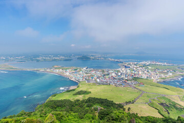 Fototapeta na wymiar panoramic view of the Songsan Ilchulbong from the Peak on jeju island.