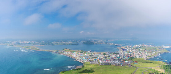 panoramic view of the Songsan Ilchulbong from the Peak on jeju island, panorama.
