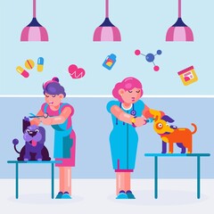 Animal dog at veterinarian, cartoon grooming vector illustration. Veterinary flat design service for pet, cartoon woman person. Clinic background, doctor haircuts young girl character.
