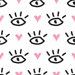 Seamless pattern with hearts and eyes drawn by hand. Sketch, doodle. Modern vector illustration.
