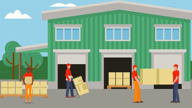 Delivery worker at warehouse, box transportation vector illustration. Person character shipping goods by transport service. Cardboard parcel logistic with pallet, cartoon male loader.