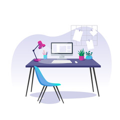 Well organized workplace. Vector illustration, home office. Work at home. Computer, stationery items and houseplants on a desk. Workplace for women