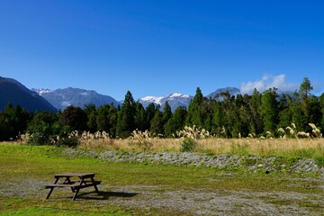 Picnic area viewing Mt. Cook and Mt. Tasman.