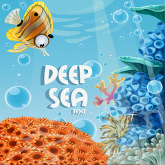 Banner deep blue sea with coral reefs and sea anemones