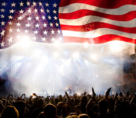 crowd celebrating Independence Day. United States of America USA flag with fireworks background for...