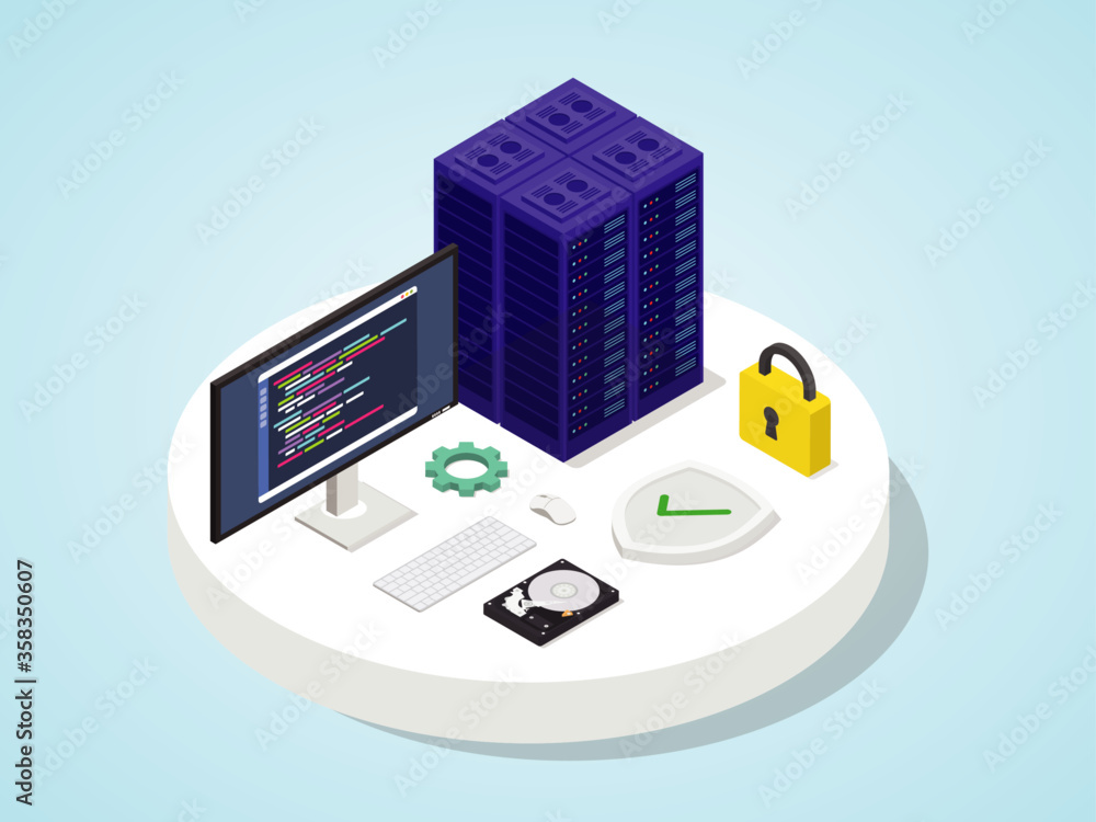 Aufkleber server defended by shield with padlock. server security concept isometric 3d design modern flat styl