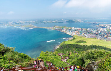 panoramic view of the Songsan Ilchulbong from the Peak on jeju island.