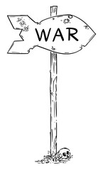 Hand drawn vector of traffic arrow sign or guidepost or signpost in shape of atomic nuclear bomb, nuclear war concept.