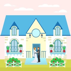 Obraz na płótnie Canvas Wedding couple near house, bride and groom vector illustration. Cartoon happy celebration, romantic people in love near building. Married man in suit, woman with bouquet near beautiful home.