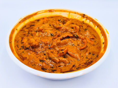 Indian Food In Takeout Container, Chicken Tikka Masala In Takeaway Plastic Bowl On White Background For Eat At Home, Delivery Food.