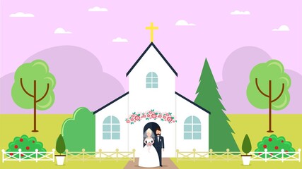 Obraz na płótnie Canvas Wedding in church, couple bride and groom vector illustration. Love romantic celebration, man woman character at marriage ceremony.Happy cartoon married people, building at background.