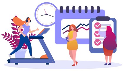Nutrition and sport program for woman weight loss, vector illustration. Healthy food and lifestyle concept, balanced cartoon character. Health diet plan from nutritionist, body healthcare.