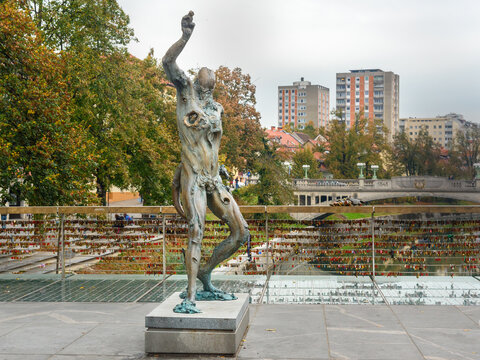 Sculpture of Satir on Butchers' Bridge or Mesarski most in Ljubljana. Slovenia