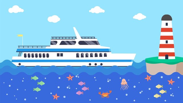 Cruise boat in sea near lighthouse, vector illustration. Ship travel in cartoon ocean, wave water marine. Vacation blue background at transport design, flat sail summer tourism style.