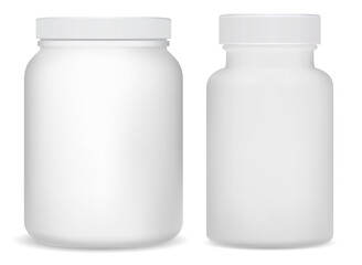 White plastic supplement bottles. Sport jar for whey protein powder. Vitamin drug cylinder tube 3d design. Nutritional tablets packaging. Aspirin medicine canister. Bodybuilding shake can
