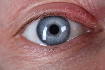 Fototapeta premium Close-up of elderly mans eye. Macro shot of senior male looking and posing on camera. Beautiful blue colour eyeball. Wrinkles and moles on face. Youth and ageing. Natural appearance concept
