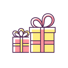Gift store RGB color icon. Birthday boxes with bows. Christmas surprises. Festive packages. Presents shopping. Isolated vector illustration