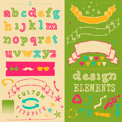 Hand drawn hipster typeface and set of design elements. Vintage font and alphabet vector, writing design typeface and script on texture background.