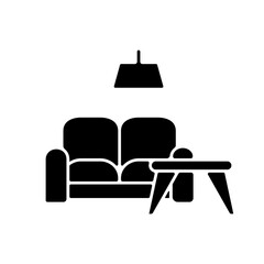 Furniture store black glyph icon. Modern furnished apartment. Home decor. Sofa and coffee table. Contemporary living room interior. Silhouette symbol on white space. Vector isolated illustration