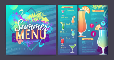Restaurant summer tropical gradient cocktail menu design with fluorescent tropic leaves and flamingo.