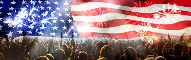 crowd celebrating Independence Day. United States of America USA flag with fireworks background for 4th of July