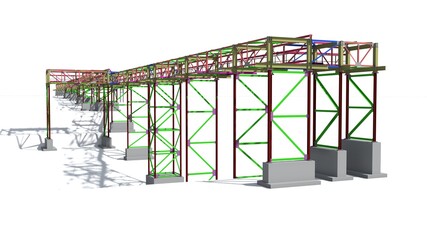 BIM model structure of a steel overpass for laying industrial electrical networks of power plants and factories. 3D rendering.